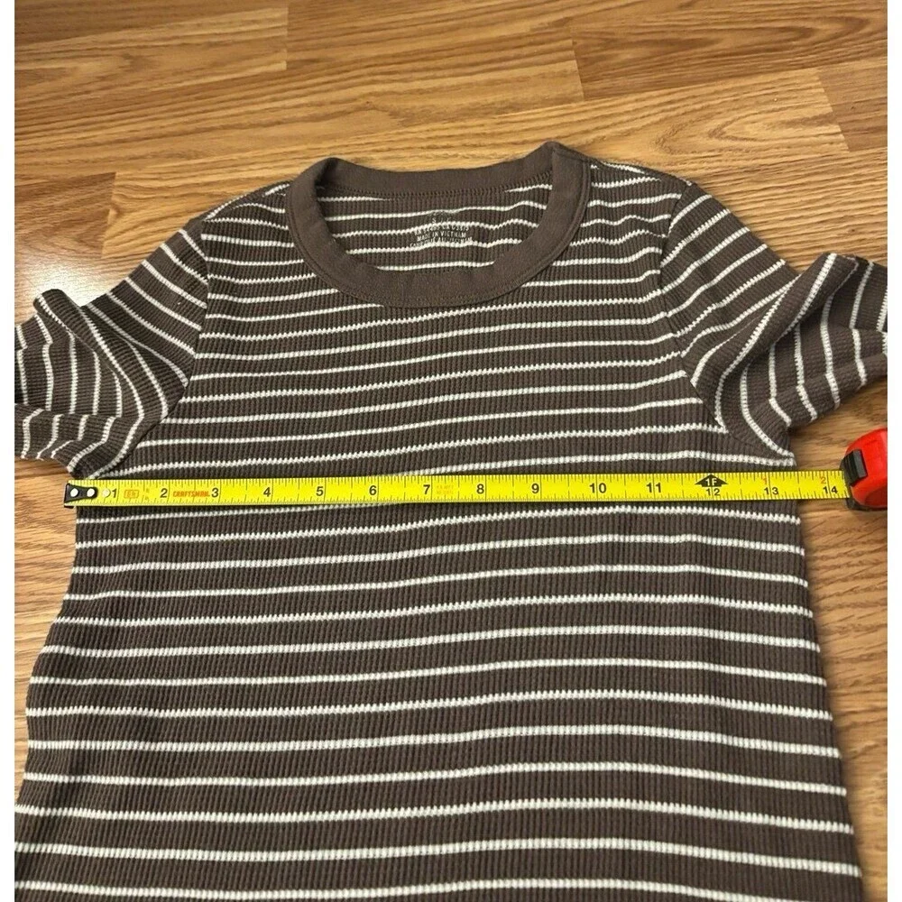Aerie Ribbed Brown & White Stripe Crew Neck Long Sleeve Shirt Size Small